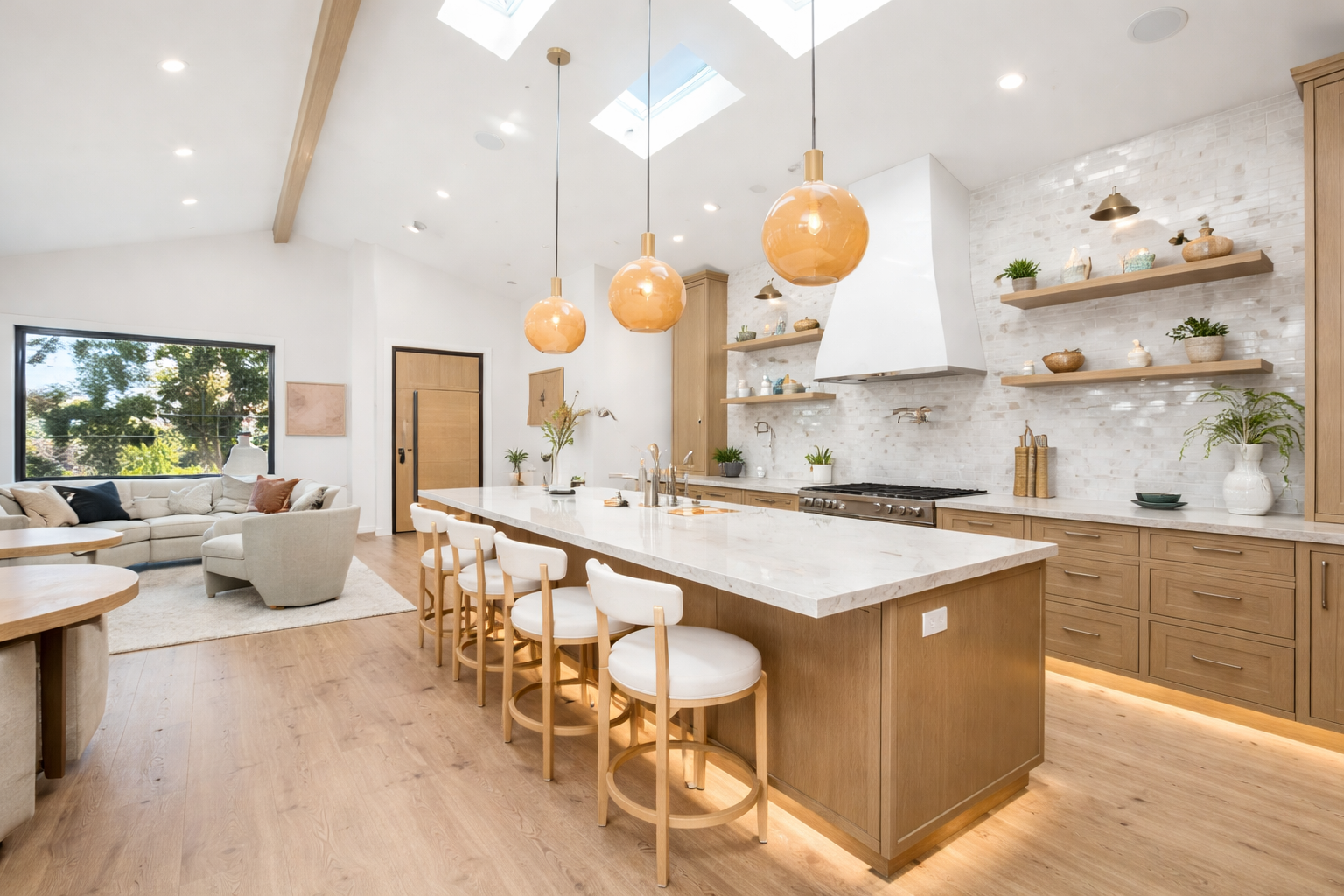 A kitchen with white and oak cabinets designed by Local Kitchen remodeling contractors las vegas