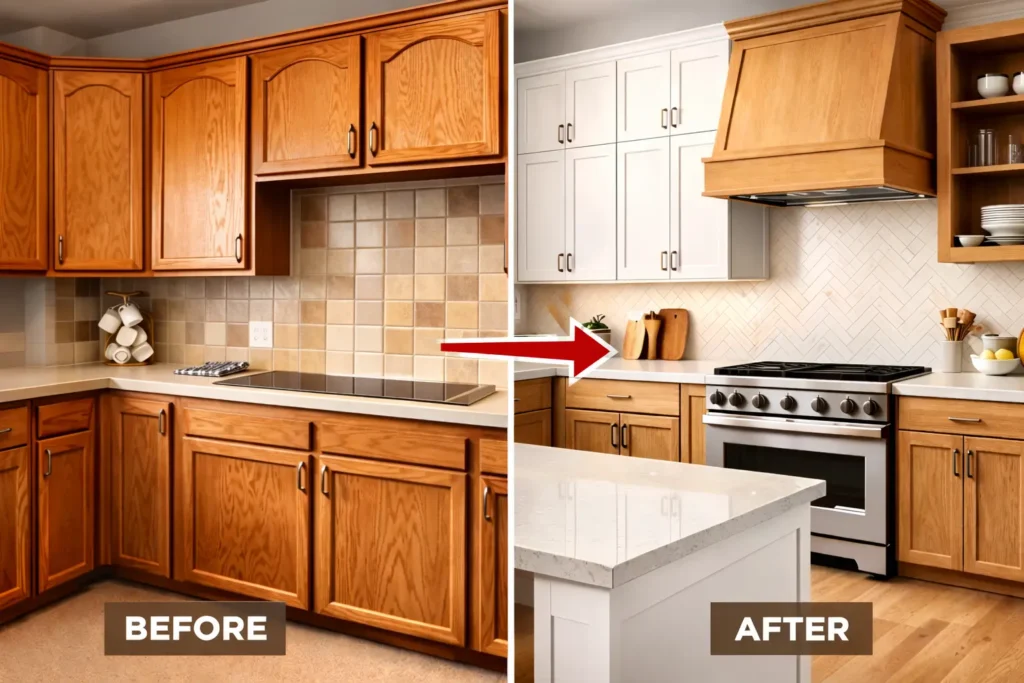 cabinet refacing in las vegas. Side-by-side kitchen transformation showing old cabinets which are refaced by kitchen remodeling lv team.