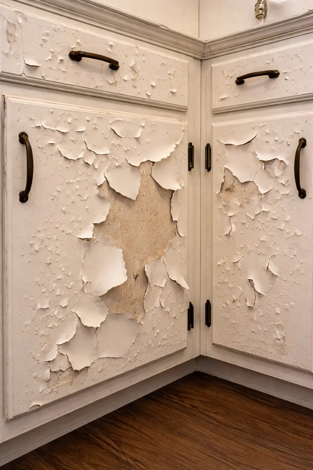 Close-up of kitchen cabinets with severe peeling and bubbling paint, showing damaged surfaces before cabinet refinishing in Las Vegas.