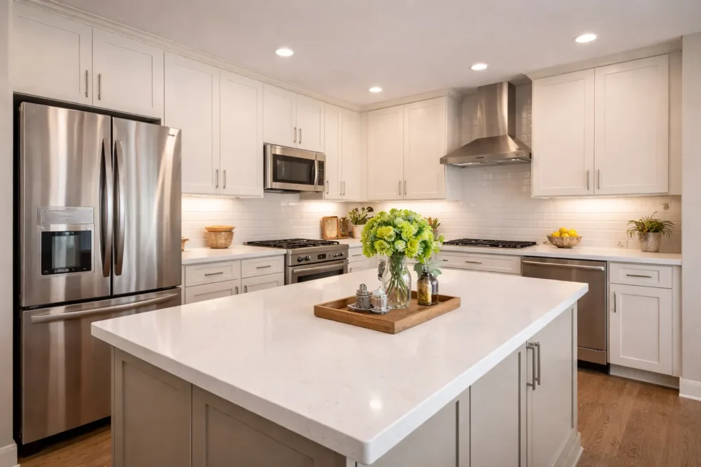 kitchen remodeling contractor summerlin nv has renovated Custom floor-to-ceiling cabinetry in a two-tone finish, a 12-foot waterfall-edge Taj Mahal quartzite island, integrated Sub-Zero refrigeration panels