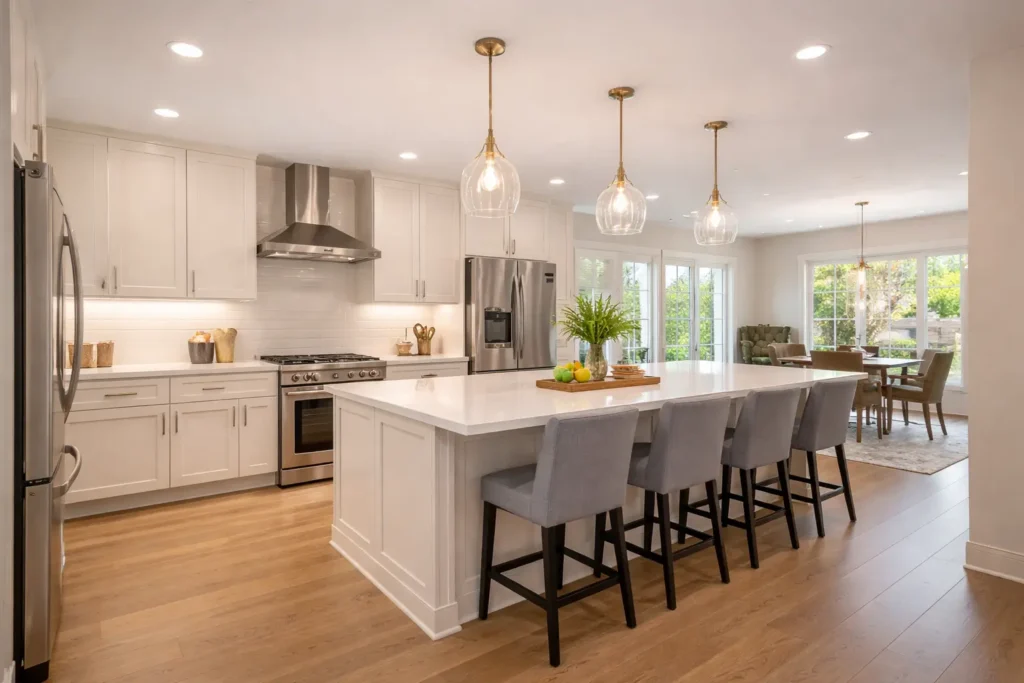 Open-concept kitchen remodel in Summerlin South with white shaker cabinets, quartz island seating, subway tile backsplash, and modern LED lighting