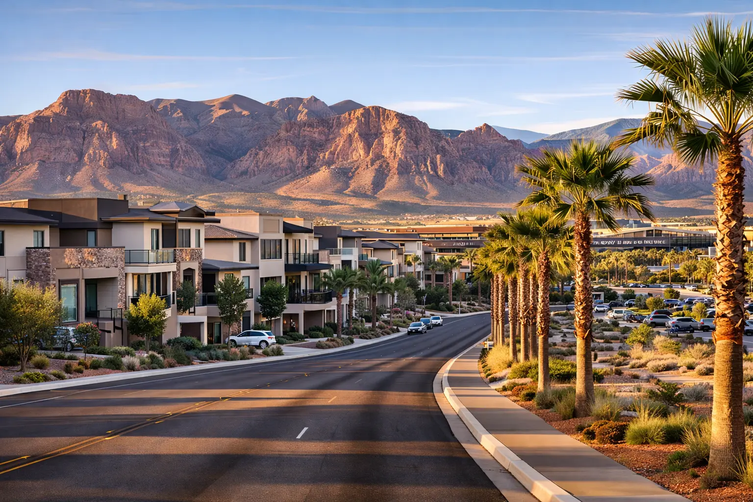 Summerlin street with Red Rock backdrop in las vegas