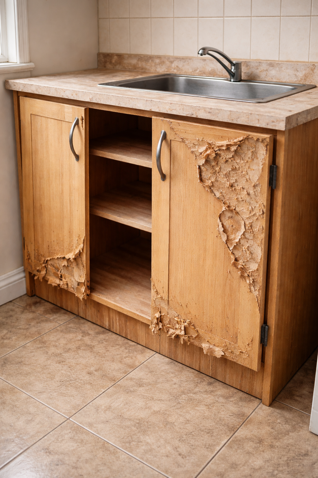 broken kitchen cabinet in las vegas due to water and heat damage