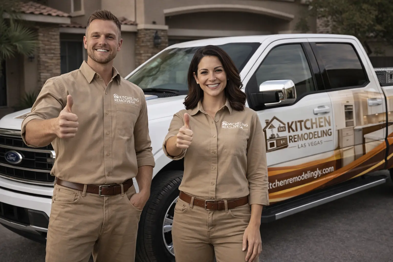 two kitchen remodeling lv team members are sanding beside our company vehicle and showing up thumbs up that they cover whole lv for cabinet refacing services
