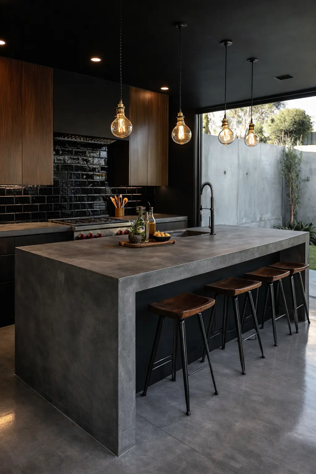 Modern industrial kitchen with a large concrete waterfall island countertop, dark wood cabinetry, black tile backsplash, pendant lighting, and bar stools in a sleek contemporary design.