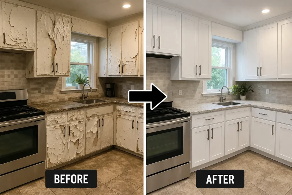 Side-by-side kitchen transformation showing damaged, bubbling, and cracked cabinets on the left and fully refinished, smooth, modern cabinets on the right. Arrow indicates 'Before → After'. Showcasing professional cabinet refinishing Las Vegas.