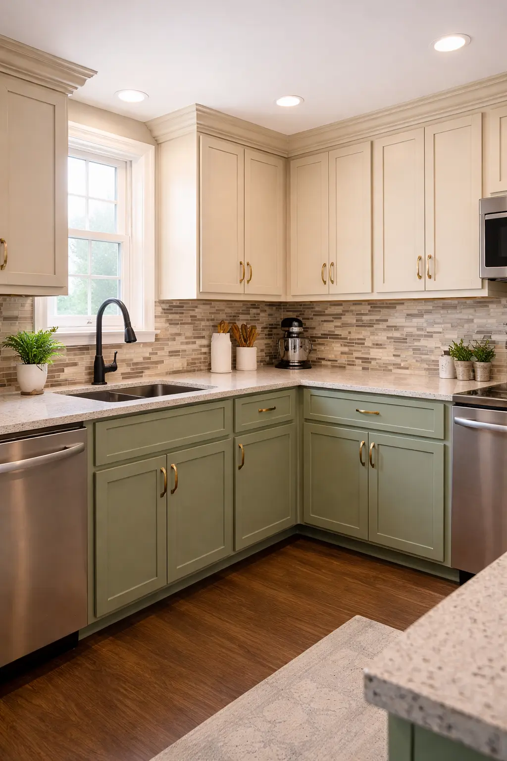 "Modern kitchen with beige and sage green cabinets refinished by expert kitchen refinishing contractors Las Vegas, featuring smooth finishes, quartz countertops, and updated hardware.