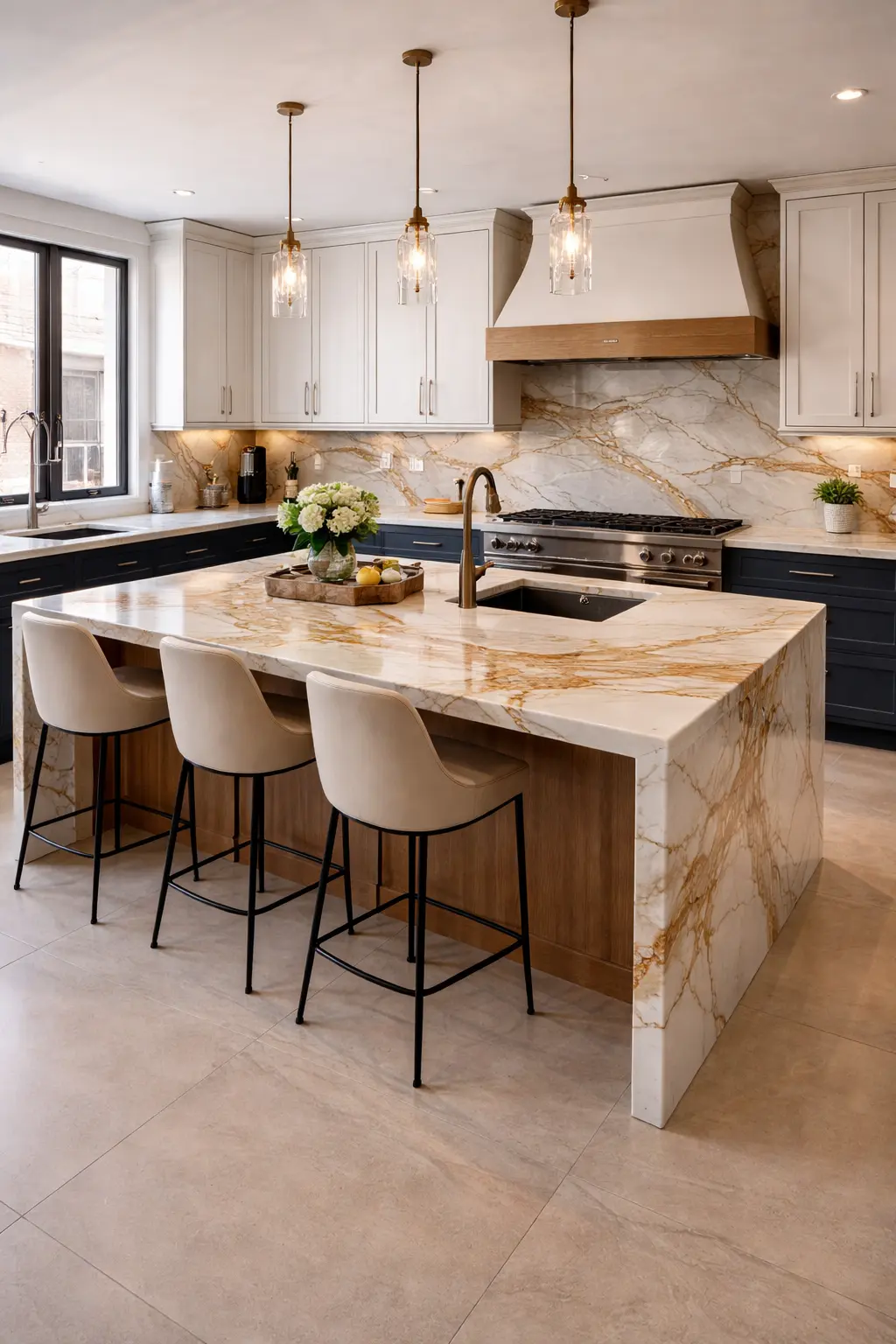 Luxury modern kitchen featuring a large quartzite waterfall island with white, gold, and caramel veining, paired with navy and white cabinetry, brass fixtures, pendant lighting, and elegant bar stools in a bright open layout.