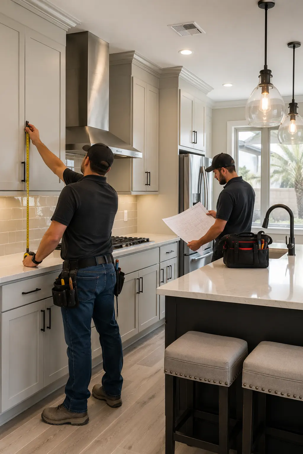 Kitchen remodeling lv team taking measurements of a kitschen in deserert shore for custom cabinet SERVICES